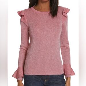 Alice + Olivia Pink Metallic Ruffle Sleeve Long Sleeve Top